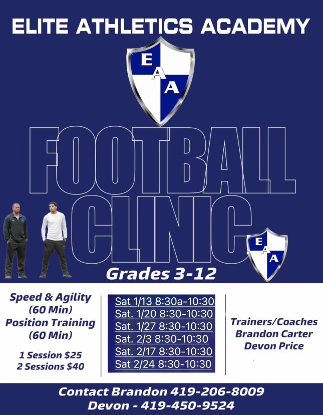 Training is back!!!!!!!! Rise and Shine for that Early Grind. We will be getting started at 830am for speed and agility followed by position work at 9:30. We will be at the Rossford Soccer Dome (9300 Bass Pro Blvd). Contact us for us any questions.