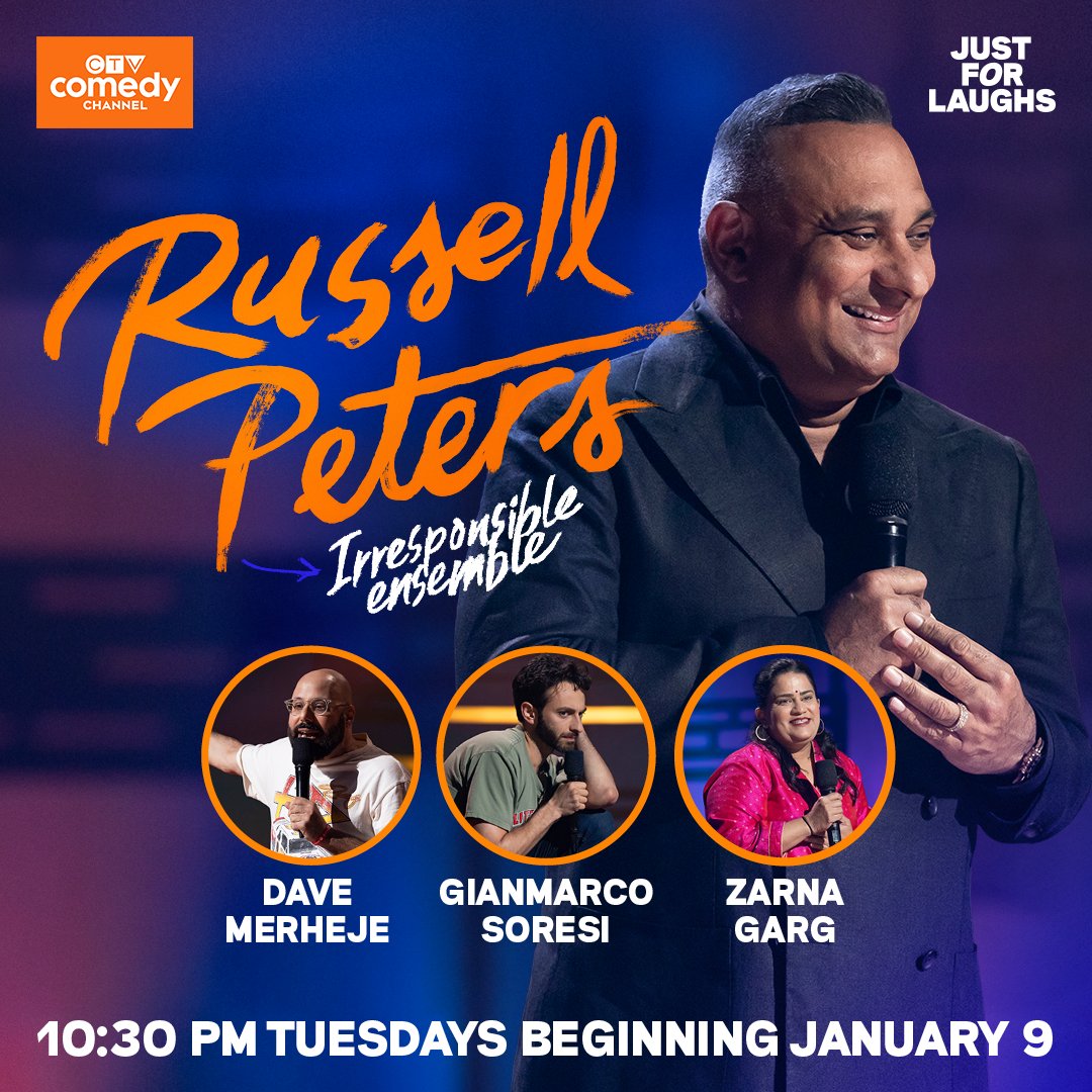 TONIGHT Episode 1 of Russell Peters: Irresponsible Ensemble airs on @CTVComedy at 10:30PM ET featuring @therealrussellp alongside sets from @DaveMerheje, @GianmarcoSoresi and @ZarnaGarg 🙌