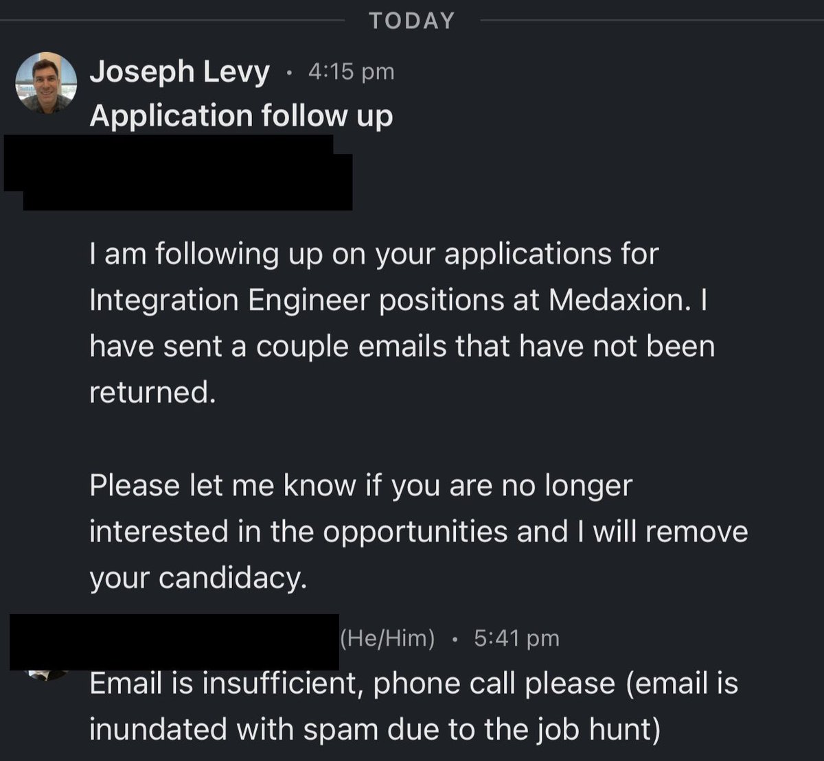 josephmlevy's tweet photo. How to end your candidacy in 20 words or less 🤦🏻‍♂️ #hiring #recruiting #candidatefail https://t.co/ToGS1gzcAj