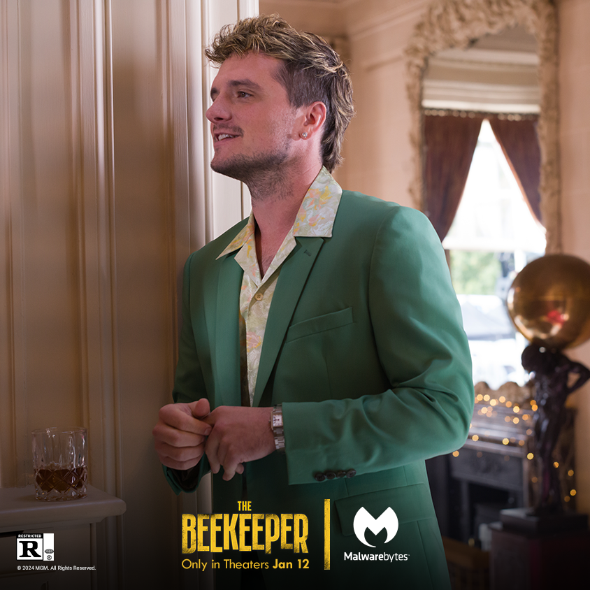 Malwarebytes's tweet photo. Honey, let’s go watch that new action movie about a Beekeeper beating up cybercriminals. I hear it has good action.
The action:
Josh Hutcherson in @beekeepermov
#TheBeekeeper #ByteBack https://t.co/JMts75gOq4
