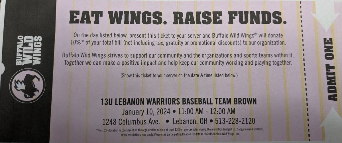 LYB_45036's tweet photo. It may not be Wings Wednesday, but you can still help the 13U Lebanon Warriors just by enjoying a night out.

Present this coupon to your server, and 10% of your total bill will be donated to their team.

Thanks for your support of Lebanon Youth Baseball! https://t.co/12xhgI9pu6