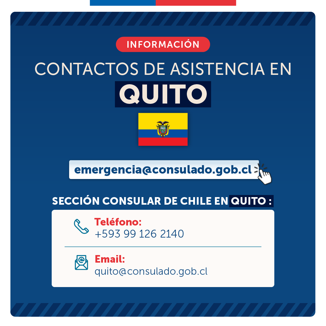 Minrel_Chile's tweet photo. 📣 IMPORTANTE | Informamos las vías de contacto de los consulados de Chile en Quito y Guayaquil, para las chilenas y chilenos que se encuentren en Ecuador. https://t.co/087FrqCczv