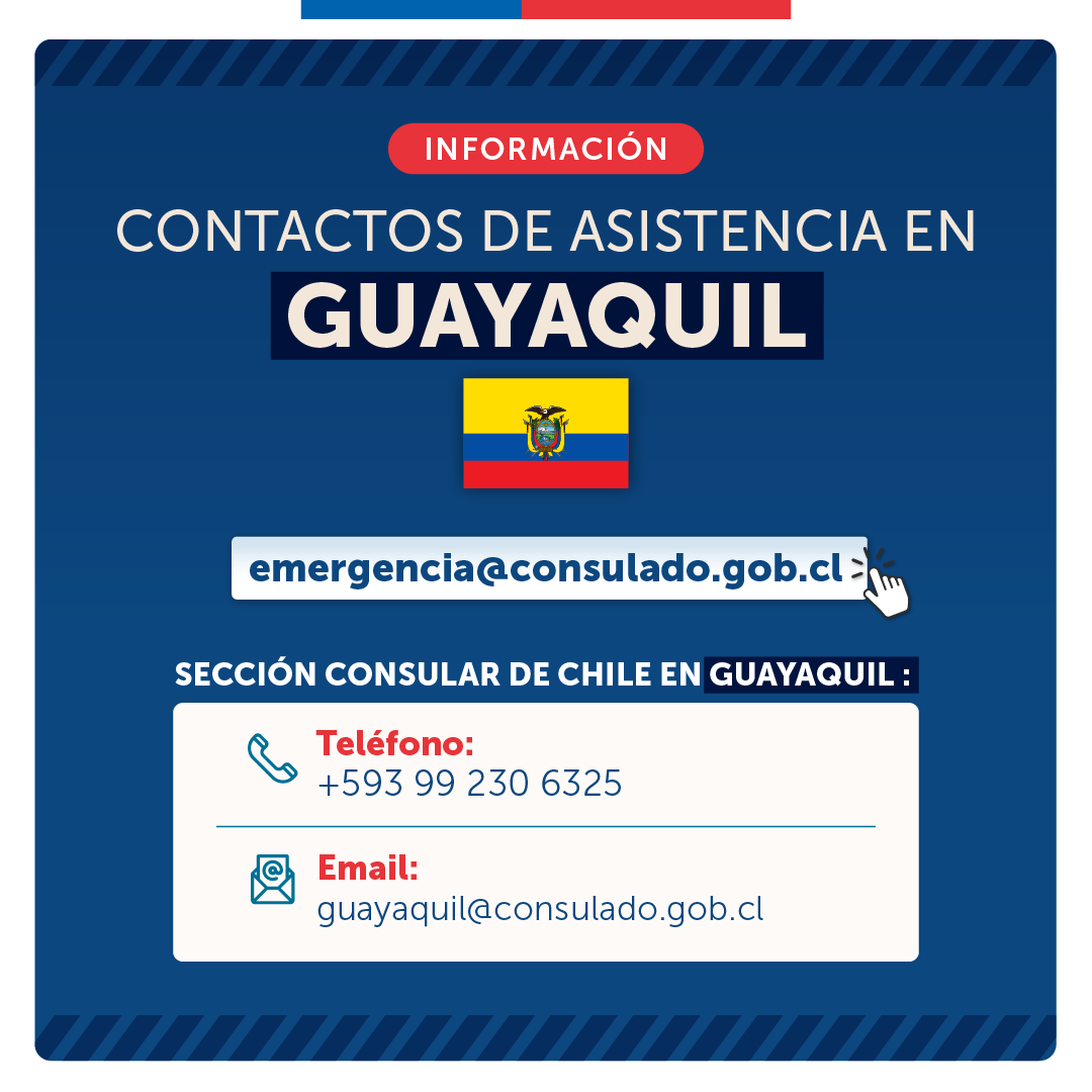 Minrel_Chile's tweet photo. 📣 IMPORTANTE | Informamos las vías de contacto de los consulados de Chile en Quito y Guayaquil, para las chilenas y chilenos que se encuentren en Ecuador. https://t.co/087FrqCczv