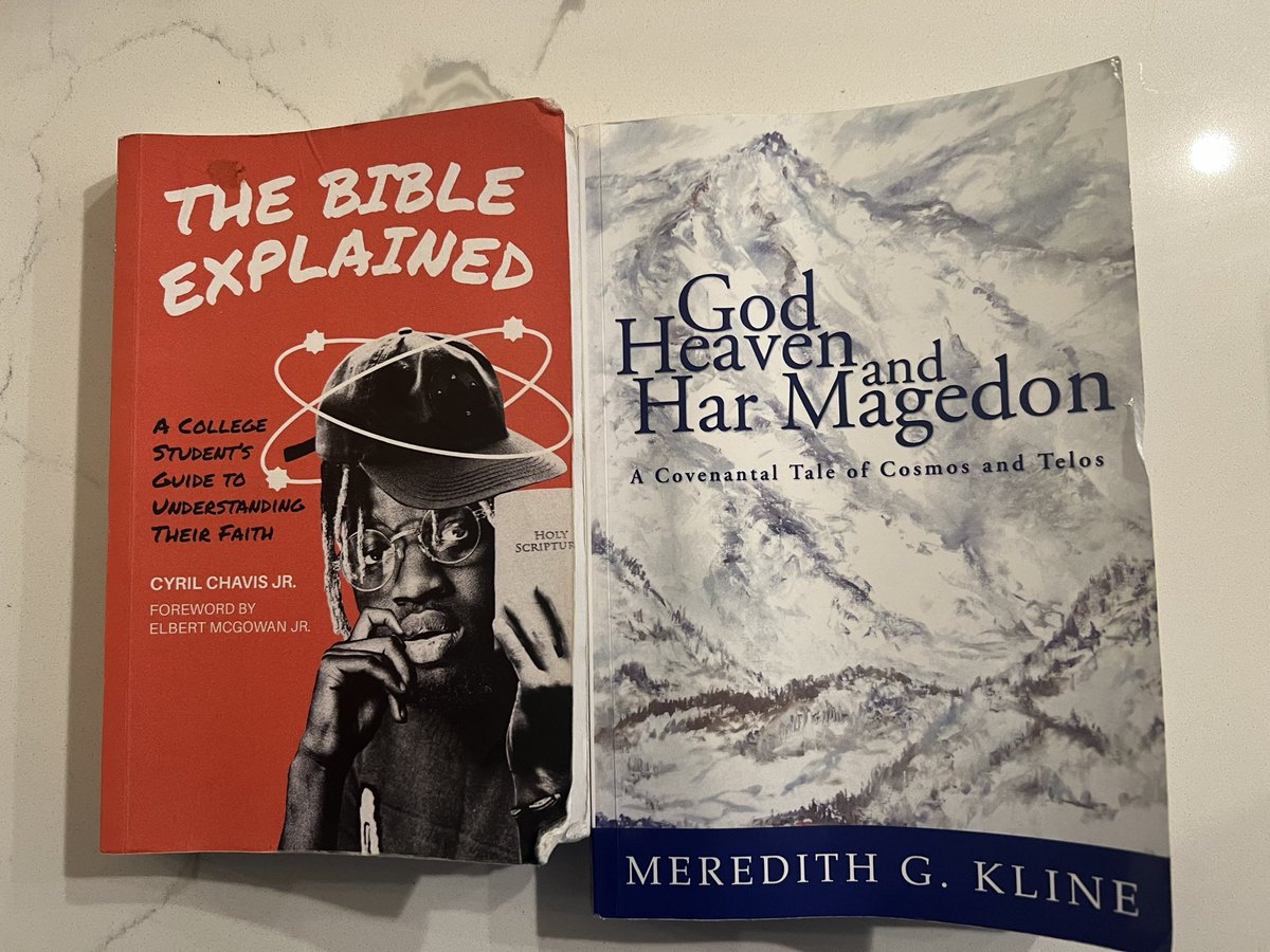 NRFully's tweet photo. The 2 books I’m reading right now on “my own time” and I’m loving them. Something borrowed (God Heaven and Har Magedon) and something new (The Bible Explained). The “old and blue” can be posted later. @HidaseP @wipfandstock @wscal @guiltgracepod We had Cyril Chavis on for his. https://t.co/VGssWQto1r
