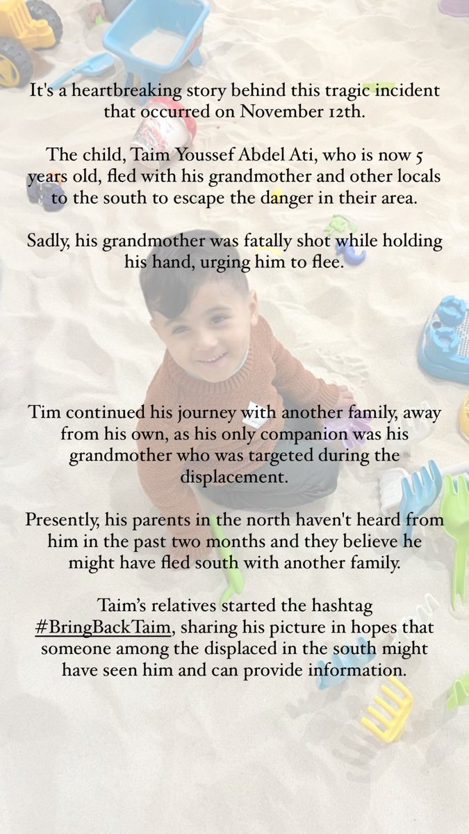 _Jala__'s tweet photo. Heart-wrenching tale behind the footage of stye woman’s hooting on Nov 12:
5-year-old Tim fled with his grandmother, who was fatally shot while urging him to escape.
He's been missing for 2 months. His family seeks answers.
Help spread #BringBackTim to reunite him. 💔
#Gaza https://t.co/4ovrdCNscK