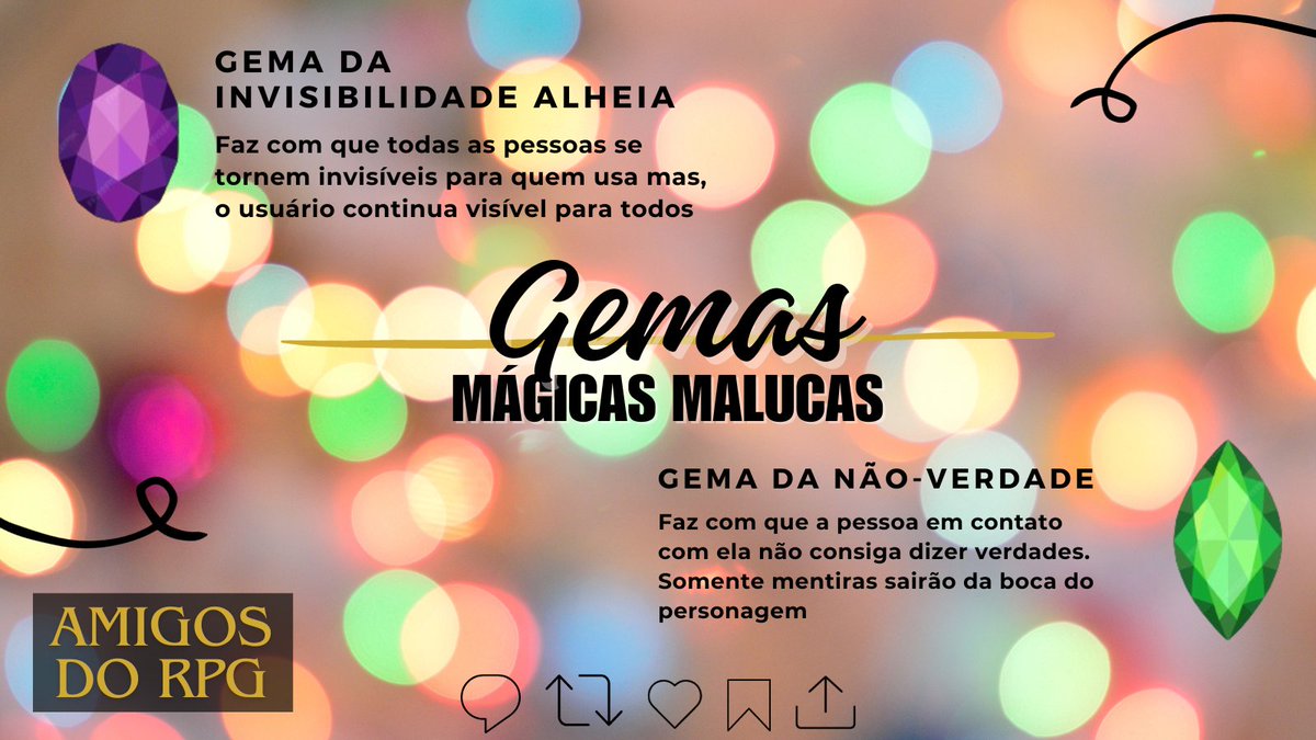 amigosdorpg's tweet photo. ✨ Conheça as Gemas Mágicas Malucas! 🧙‍♂️ A Gema da Invisibilidade Alheia - torna todos invisíveis para você, mas você permanece visível! 😱 E a Gema da Não-Verdade - prepare-se para um festival de mentiras! 🤥 Qual você escolheria? 
#Gemasmagicas #RPG #DiversãoFantástica https://t.co/fASHlVzDIC