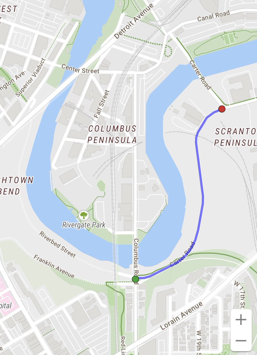 🚧🛑 Upcoming road closure in The Flats 1/8/24-1/23/24. Carter Road closing between Columbus Road and the Carter Road lift bridge (highlighted in purple on the map).
