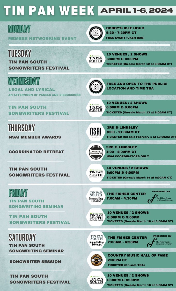 We're getting pumped for the week of Tin Pan South! April 1-6 is going to be packed with legendary songwriters, emerging talents, behind-the-scenes insights, performances, education...all right here in Nashville! 🎶✨ More details soon, but here is a look at the week's schedule!