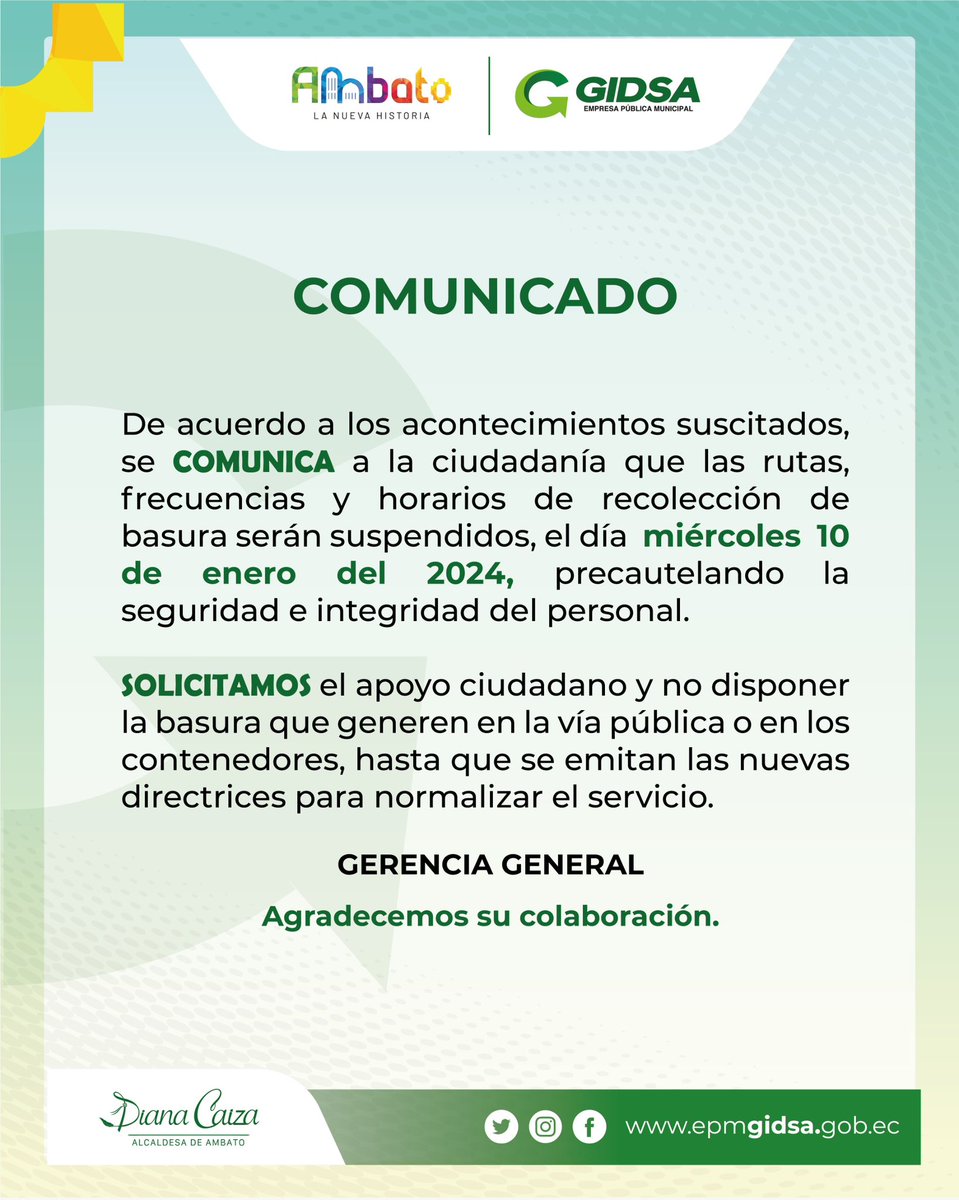 #ComunicadoOficial. Se suspenden operaciones de barrido, recolección, relleno sanitario y escombrera municipal el Miércoles 10 de Enero de 2024.
