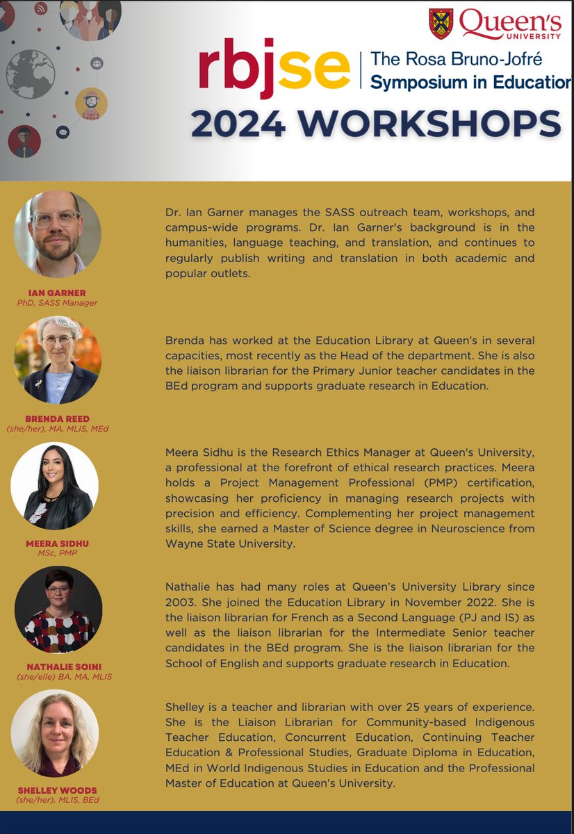 Announcing some of our workshop presenters for  RBJSE 2024! 

All workshops are running on March 7th from 3-4pm. 

Make sure to register to secure your spot @ queensu.qualtrics.com/jfe/form/SV_1F…