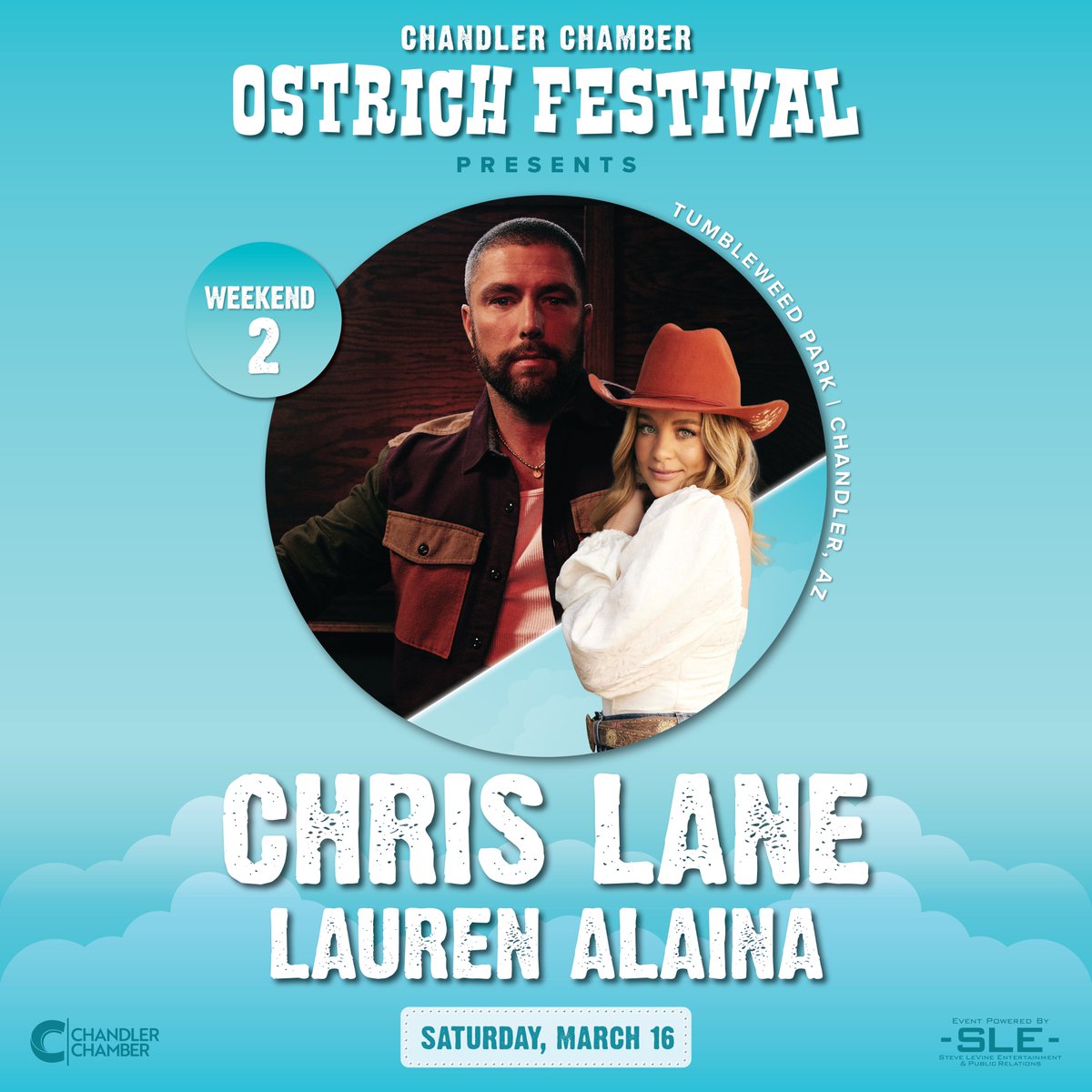 The 34th Annual Chandler Chamber Ostrich Festival announces 3X platinum country singer-songwriter, Chris Lane to headline the mainstage on Saturday, March 16. Weekend 2 will also feature chart-topping country singer-songwriter Lauren Alaina, alongside Lane.