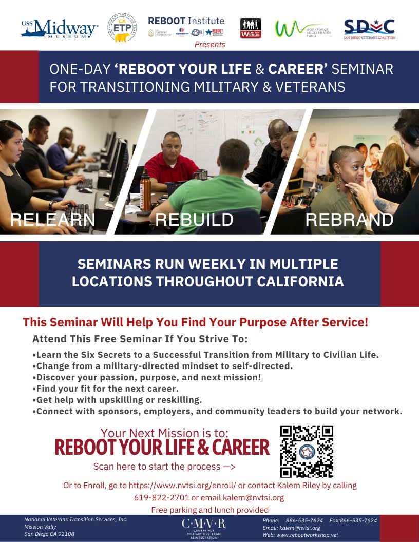 RebootWorkshop's tweet photo. If you find yourself among those who have been grappling with the transition to civilian life, then your Next Mission is to REBOOT Your Life/Career. Offered weekly across California, this unique seminar will help prepare you for civilian life. Visit: https://t.co/lcX7JToQaU https://t.co/uApzBGObWC