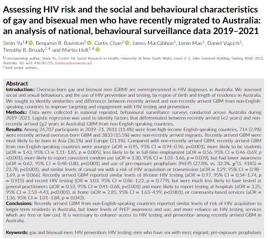 🎉Check our paper on HIV risk & Behavior among recently-arrived GBM migrants in Australia🔍doi.org/10.1002/jia2.2… 📢Similar levels of HIV acquisition risk but lower levels of PrEP awareness and use were reported. @jiasociety @martinxholt @trbroady @curtisxchan @MacgibbonJames