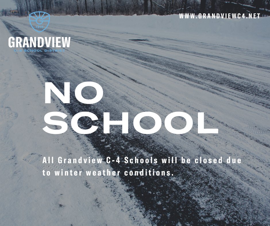 GrandviewCSD4's tweet photo. SNOW DAY: School is canceled on Wednesday, January 10, due to poor road conditions caused by inclement weather. This will be a traditional snow day. There will not be any Alternate Methods of Instruction (AMI) for students. District offices will open at a one-hour delay of 9 am. https://t.co/MDUPGDXQp5