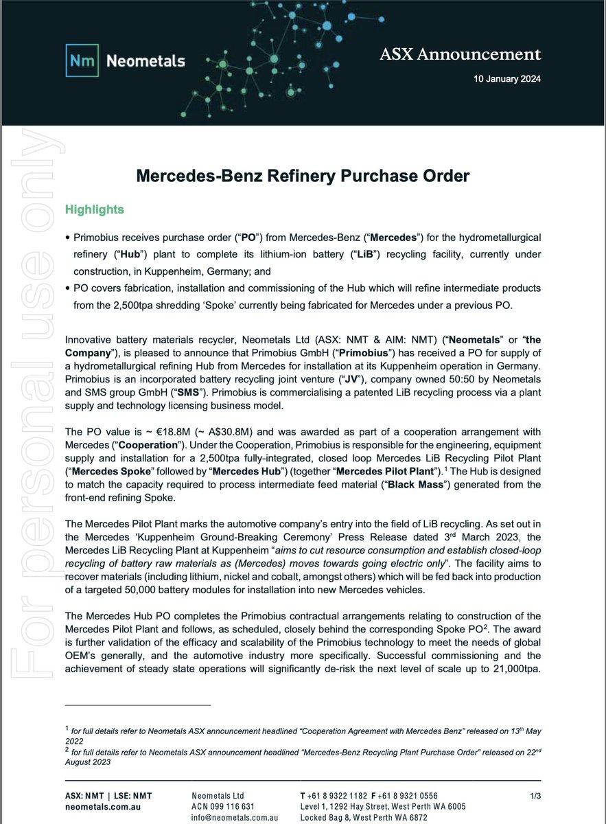 Great to see our tech partner <a href="/neometalsltd/">Neometals Ltd</a> advancing the <a href="/Primobius_GmbH/">Primobius</a> #battery #recycling hub via a ~$30m purchase order from <a href="/MercedesBenz/">Mercedes-Benz</a> 

$RIL $NMT