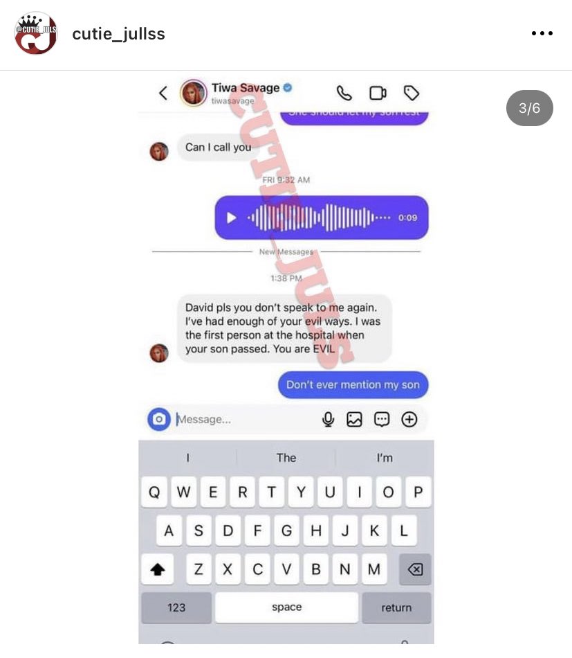 Smart22O's tweet photo. Davido and Tiwa savage conversation on instagram. Can’t screenrecord the vn but in the vn Davido said he can’t call because he’s in Dubai that he will be back the following day and they will talk.

Y’all can see Tiwa is the ev!!l woman for mentioning ifeanyi. https://t.co/dCJm5L5QDb
