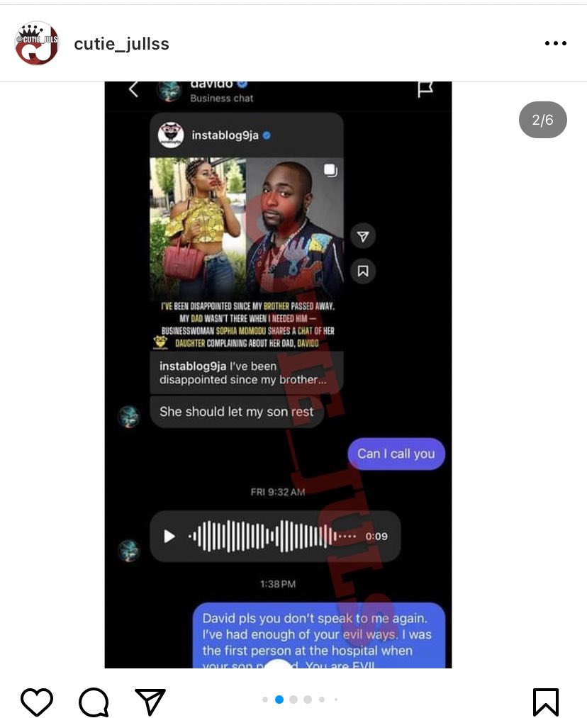 Smart22O's tweet photo. Davido and Tiwa savage conversation on instagram. Can’t screenrecord the vn but in the vn Davido said he can’t call because he’s in Dubai that he will be back the following day and they will talk.

Y’all can see Tiwa is the ev!!l woman for mentioning ifeanyi. https://t.co/dCJm5L5QDb