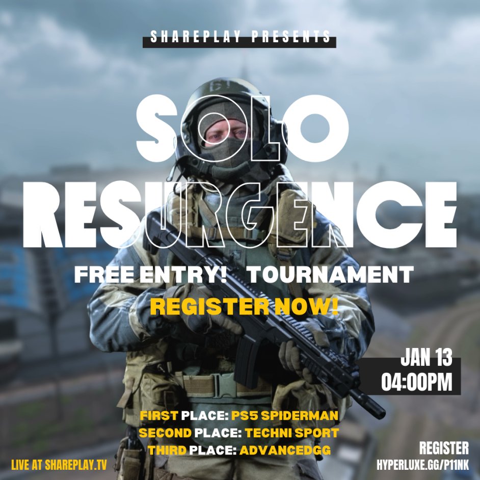 Time's ticking! This Friday, 4pm ET, join our FREE Solo Resurgence Tournament and show your skills on Ashika Island! 

Top prize: PS5 Spiderman Edition! Tag a friend who shouldn't miss this! 

Limited spots - sign up now (link in thread ⬇️)

#SharePlayTournament #GameOn