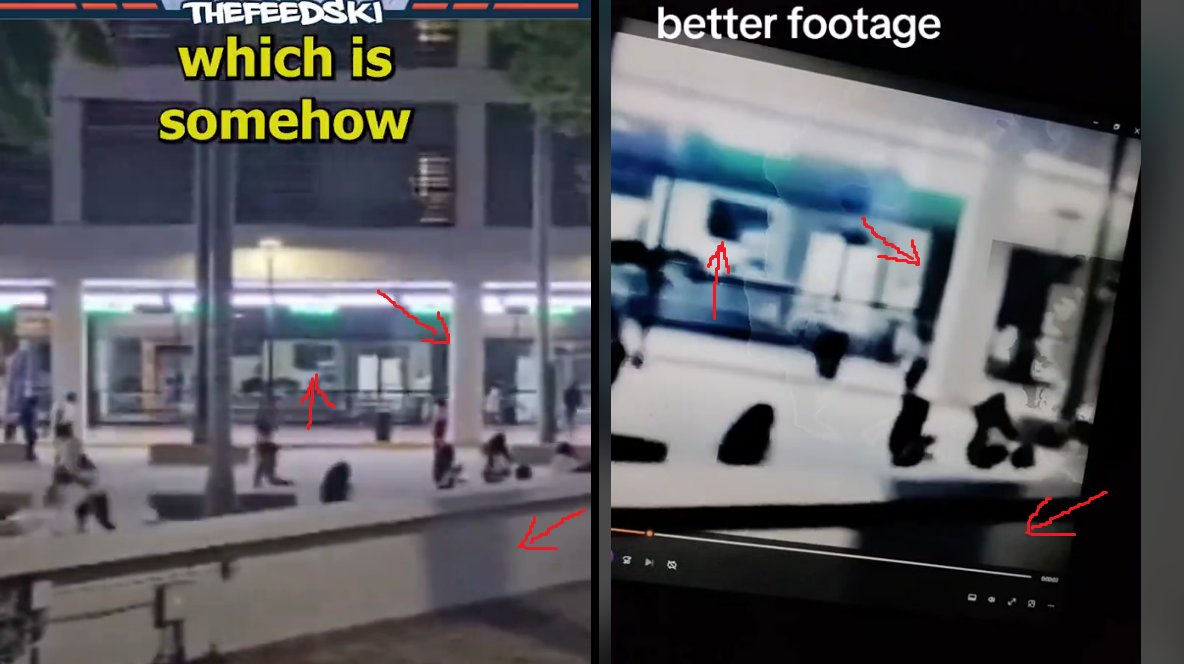 Aztramare's tweet photo. 1. I love the paranormal
2. I want to believe there was a portal in Miami mall
But this video circling around is NOT it. I noticed a higher quality from @TheFeedskiVids  of said alien portal video from tiktok...no warp bubble. I highlighted the regions of similarities ...😭😭😭 https://t.co/rU6cm5b22V