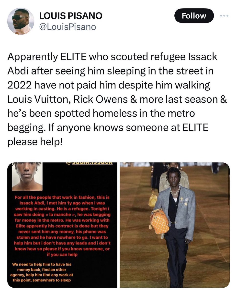 LouisPisano's tweet photo. So last week I was sent an IG story about a homeless model here in Paris and asked if I could help out in amplifying Issack Abdi’s story. The next day the Men’s Director at Elite here in Paris called me to tell the whole story. https://t.co/RaQMX4pWhZ