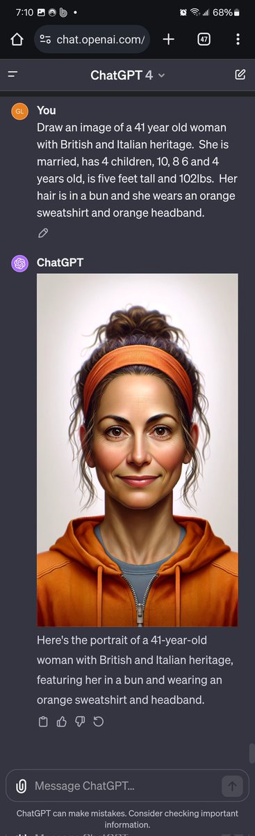 NARoundaboutWay's tweet photo. I asked @ChatGPTapp to draw a woman based on a description of my wife.  This is pretty damn close for a first try.  #ai #ChatGPT https://t.co/4anrw7s8ep