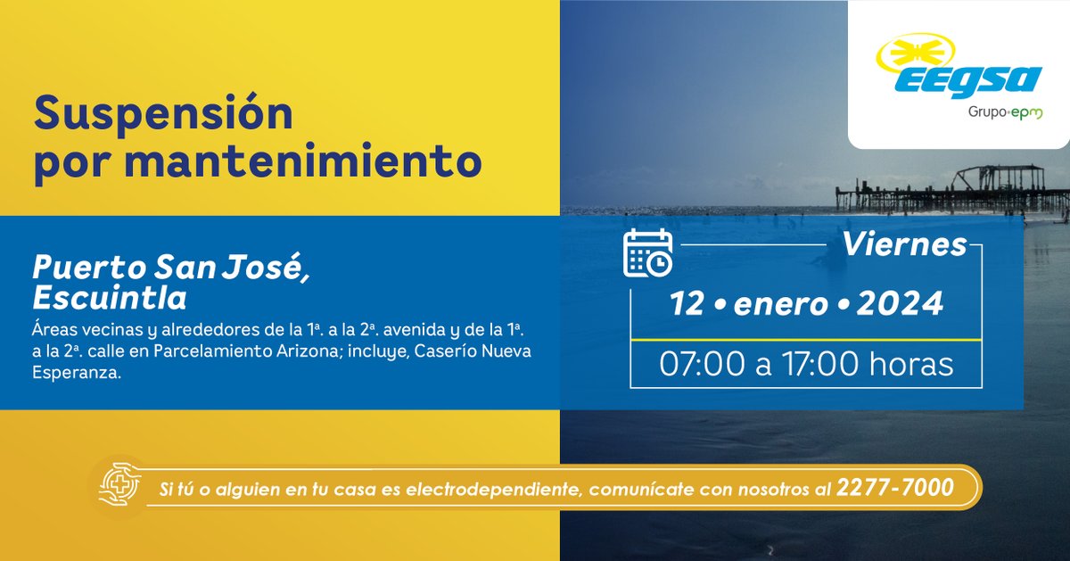 ¡Atención Puerto San José, Escuintla!

Para continuar entregando buena energía, informamos que realizaremos mantenimiento a nuestra red, este viernes 12 de enero.

Agradecemos su comprensión.