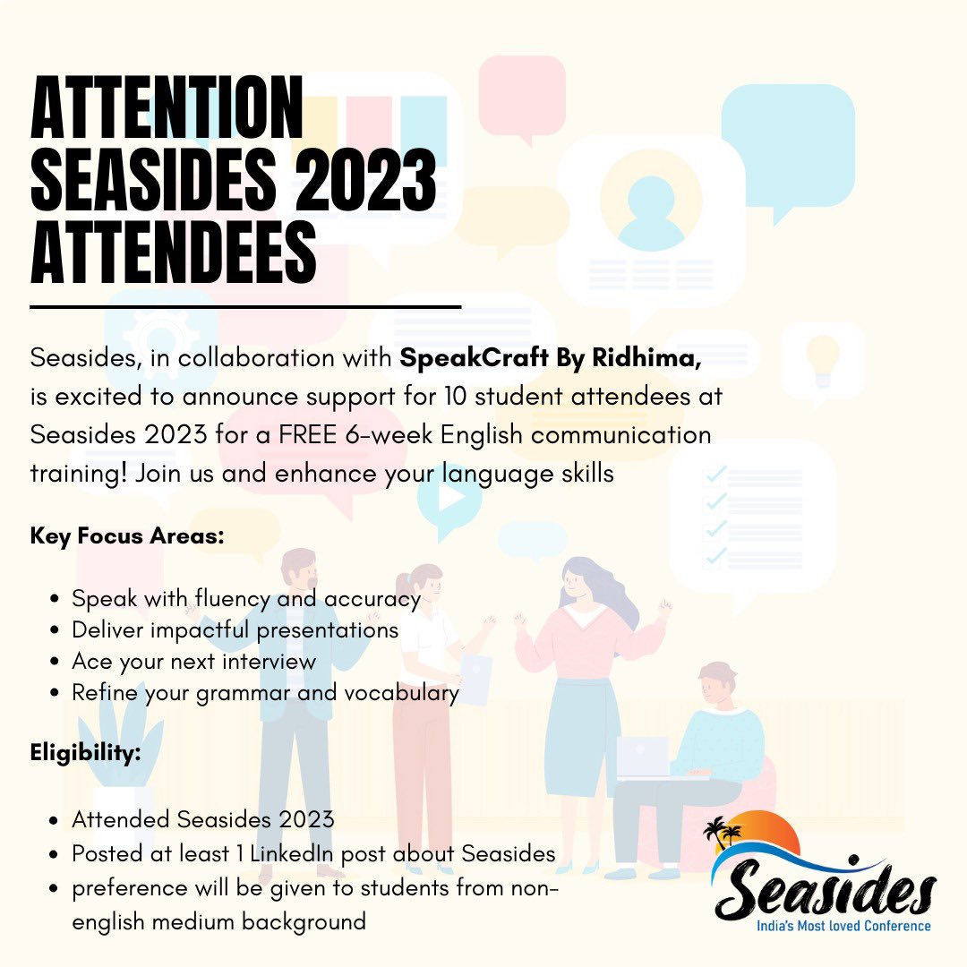 Seasides, in collaboration with SpeakCraft by @Ridhimabatra103 , is proud to announce free communication improvement sessions. Ten lucky students will have the opportunity to attend these sessions. Details below: docs.google.com/forms/d/1ZxZuk…