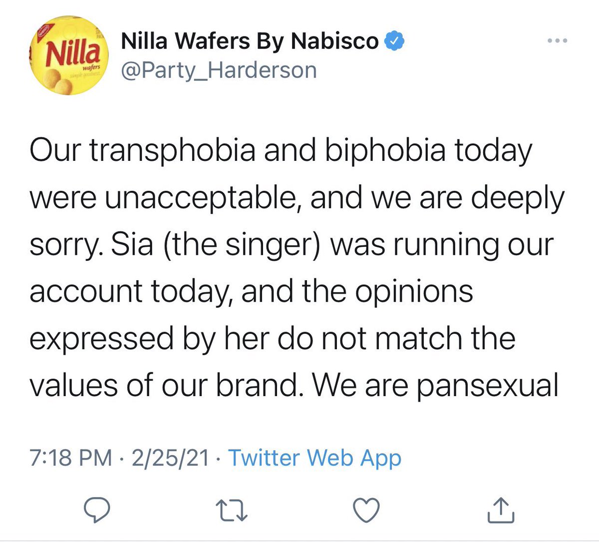patti harrison nuking her account by pretending to be nilla wafers/nabisco/sia  and tweeting about being transphobic