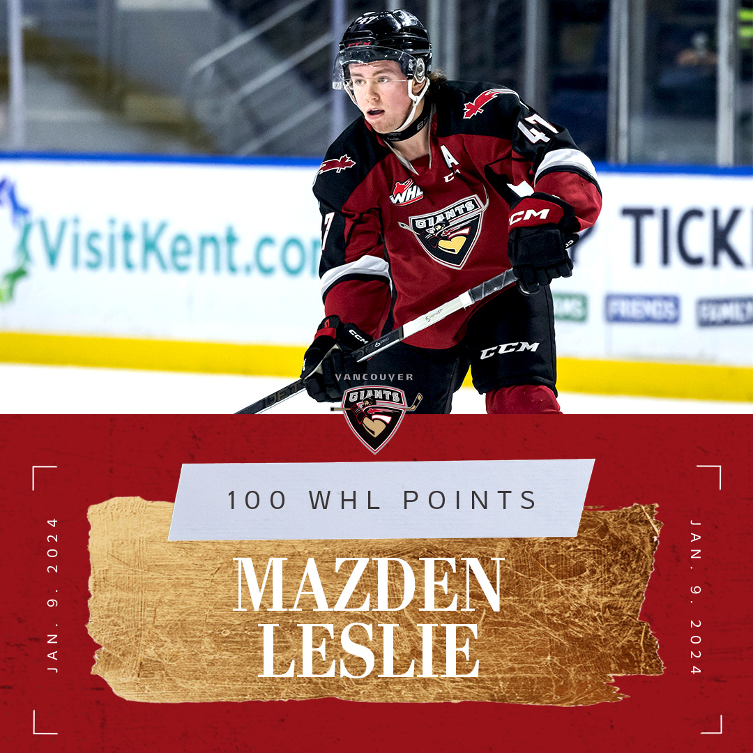 WHLGiants's tweet photo. And with his 8th goal of the season tonight, we'd like to congratulate Giants defenceman Mazden Leslie on registering his 100th career point in @TheWHL!

Congrats Maz 👏👏👏

#GiantNewEra https://t.co/vYdt6jTj7d