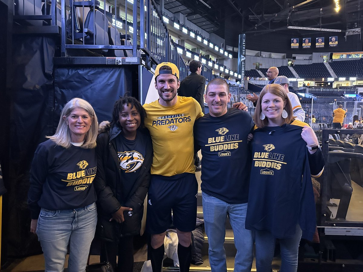 PredsFoundation's tweet photo. Blueline Buddies presented by @Lowes are here! 

Welcome to SMASHVILLE, Officer Tyler Conrads from @MNPDNashville and Suzanne &amp; Abrielle from @BigBroBigSisMT! They met with Roman Josi before the game! https://t.co/slIeFoEsrW