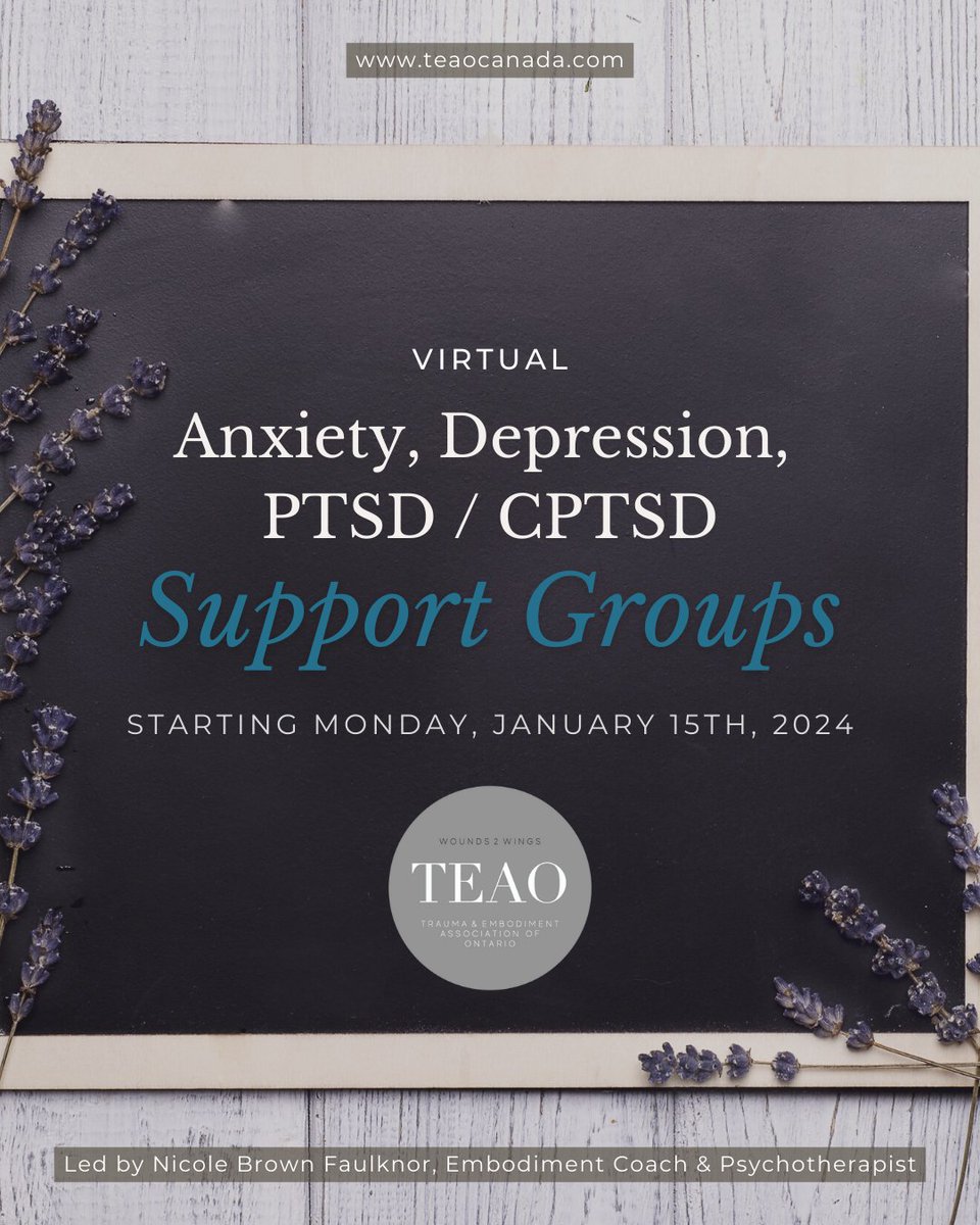 wounds2wings's tweet image. Save the date! 🗓️

Explore somatic practices and rebuild the connection with your body. Your safe space awaits -  Sessions rollover every 6 weeks. 

teaocanada.com/shop/virtual-s… 

#SupportGroups #PeerSupport #SomaticWork #Anxiety #Depression #PTSD #CPTSD