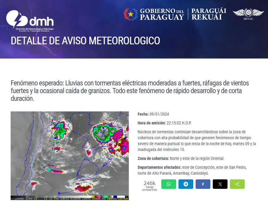 DMH_paraguay's tweet photo. Aviso Meteorológico N° 42/2024 Emitido. 
Enlace: https://t.co/OZG2YFgwQN
Fecha: 09/01/2024 
Hora:  22:15 h https://t.co/9QbDxQE8mh