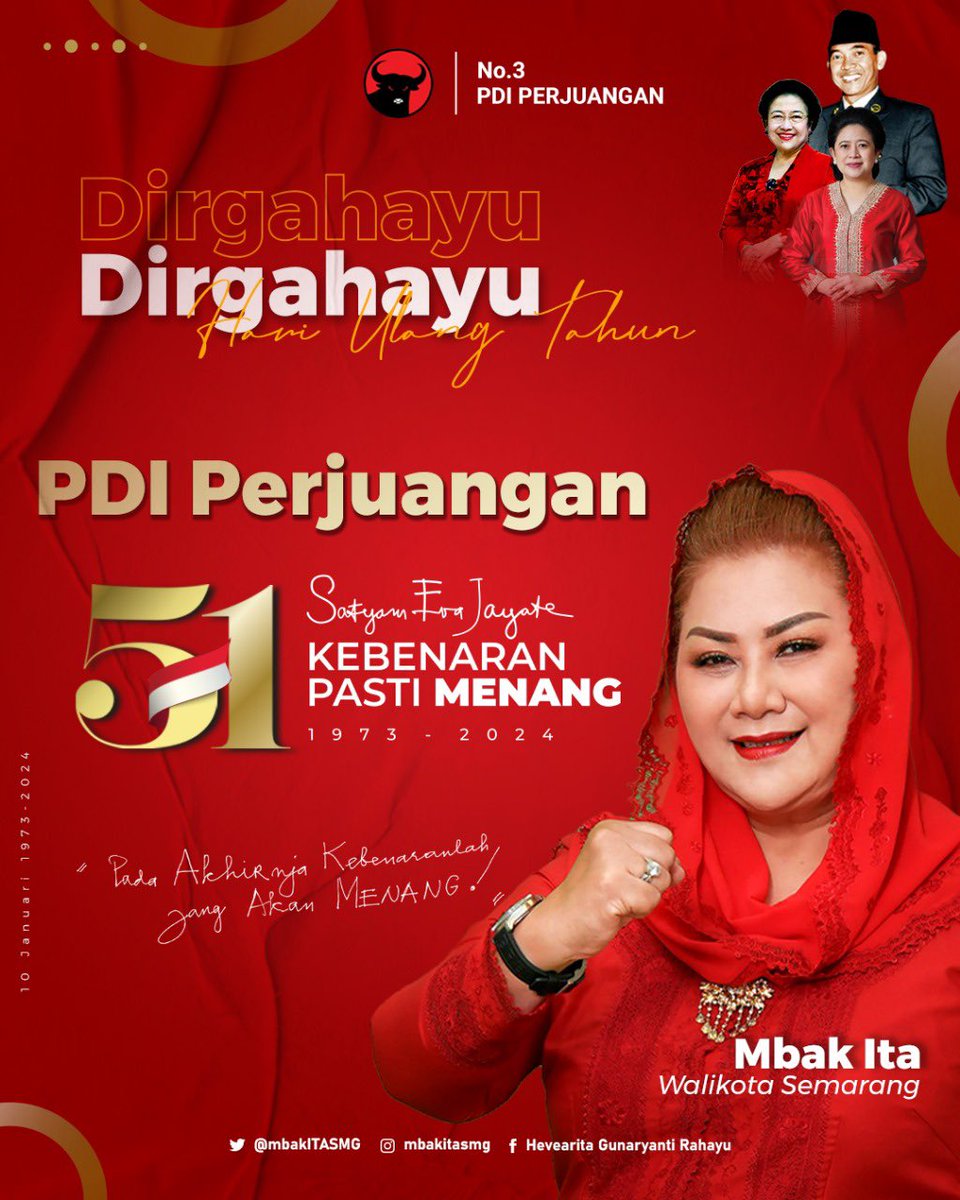 Selamat Ulang Tahun PDI Perjuangan ke 51

“SATYAM EVA JAYATE”
Kebenaran Pasti Menang

M E R D E K A !!!!

#PDIPerjuangan #51TahunPDIPerjuangan #51TahunTakKenalLelah #GanjarMahfud2024 #M3nangkanRakyat #Pasti3njar #PastiGanjar Presiden Indonesia 2024