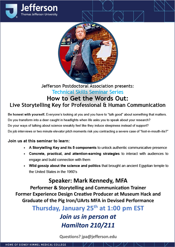 Be honest with yourself. Everyone’s looking at you and you have to “talk good” about something that matters. Come join JPA as speaker Mark Kennedy, MFA shares how to unlock an authentic communicative presence and more on Thursday, January 25, 2024, at 1:00 pm in Hamilton 210/211!