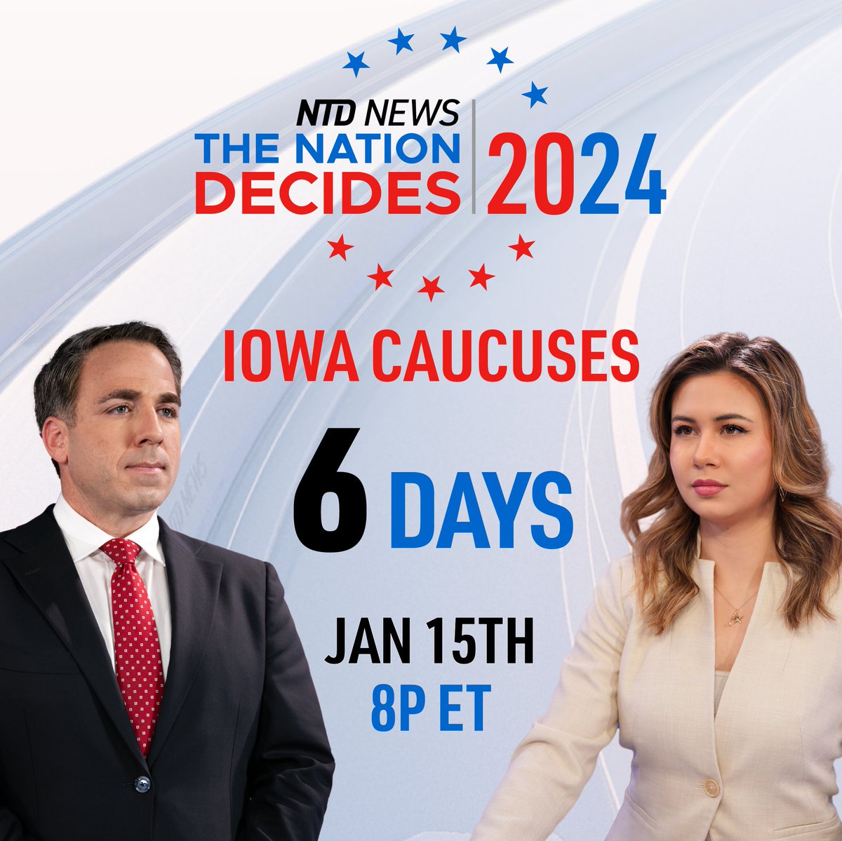 Join hosts @SteveLanceNTD & @TiffanyMeier_ and guests, as they follow the progress of the Iowa Caucuses, the first major event of the 2024 presidential elections. Tune in to NTD Monday January 15th @ 8pm ET to see the action unfold. WATCH: ntd.com/live #Election2024