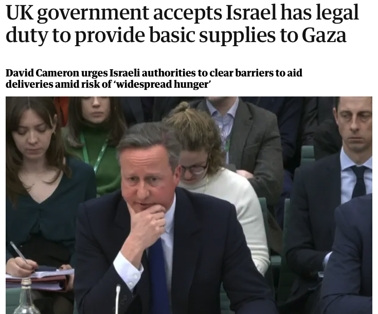 Two days before Israel is to stand in the dock at the International Court of Justice, accused of committing genocide, the UK's foreign secretary David Cameron suddenly remembers, under intense questioning, that Israel is the occupying power in Gaza, and that it therefore has a
