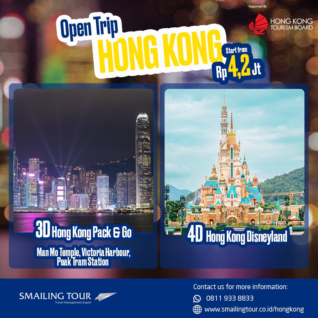 smailingtour's tweet photo. Siap menjelajahi Hong Kong bersama Smailing Tour? Pesan paket special open trip yang akan membawa Anda menjelajah Victoria Park, Man Mo Temple hingga Peak Tram Station dan juga Hong Kong Disneyland

More info https://t.co/EvNiTjKePp
WA : +62 811-9338-833 https://t.co/AT2fJdCnUF