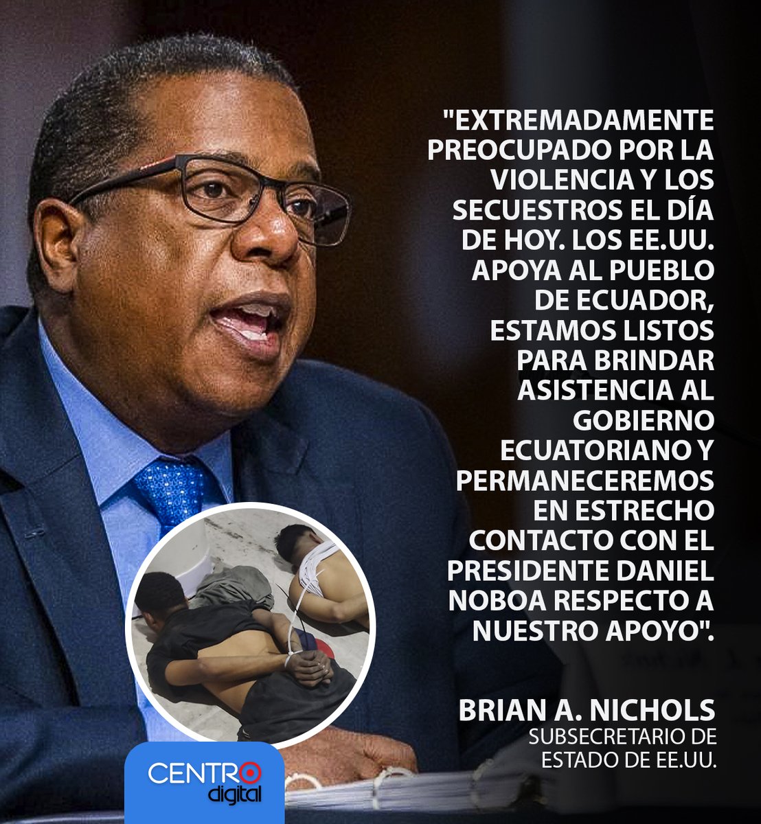 radiocentroec's tweet photo. #ATENCIÓN:🇺🇸🇪🇨La ayuda internacional es urgente.
Brian Nichols, el Subsecretario de Estado para Asuntos del Hemisferio Occidental en EE.UU, aseguró que el país norteamericano está listo para brindar apoyo a Ecuador y permanecerán en estrecho contacto con el equipo del presidente Daniel Noboa.