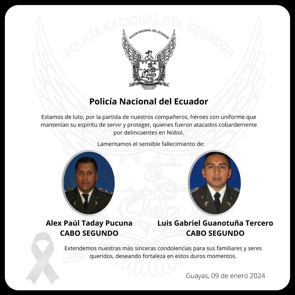 PoliciaEcuador's tweet photo. Lamentamos informar que esta tarde en Nobol, #Guayas, dos de nuestros compañeros #CboSAlexTaday y #CboSLuisGuanotuña, fueron asesinados vilmente por delincuentes armados.

Este es el sacrificio que juramos a la Patria y no descansaremos hasta dar con los responsables de este hecho criminal.

#HastaSiempreHéroesPoliciales🕊️
#CompromisoInquebrantable