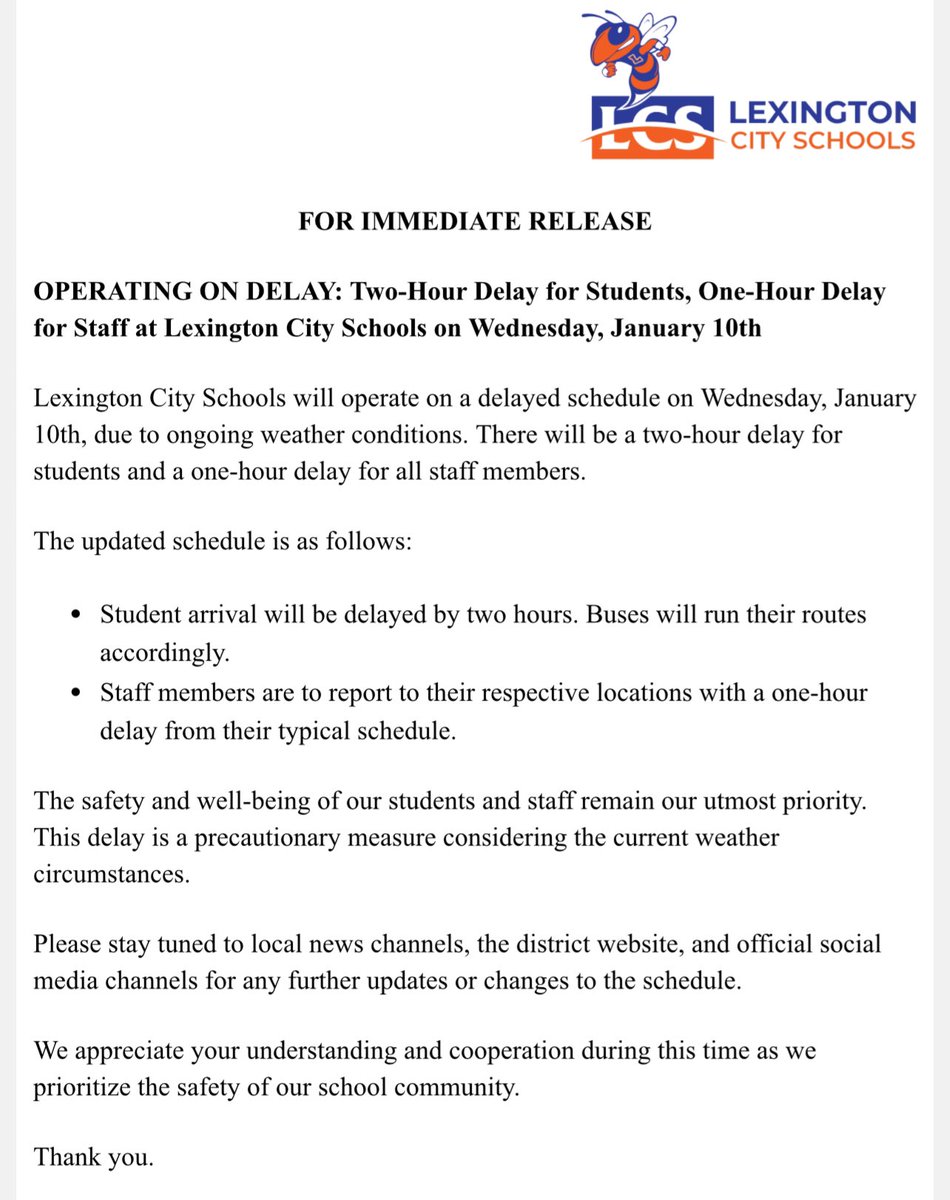 🕒 UPDATE: Lexington City Schools will operate on a delayed schedule this Wednesday, January 10th. Students will have a two-hour delay, while staff should report with a one-hour delay. Your safety is our priority! Stay tuned for any further updates.  #DelayAlert