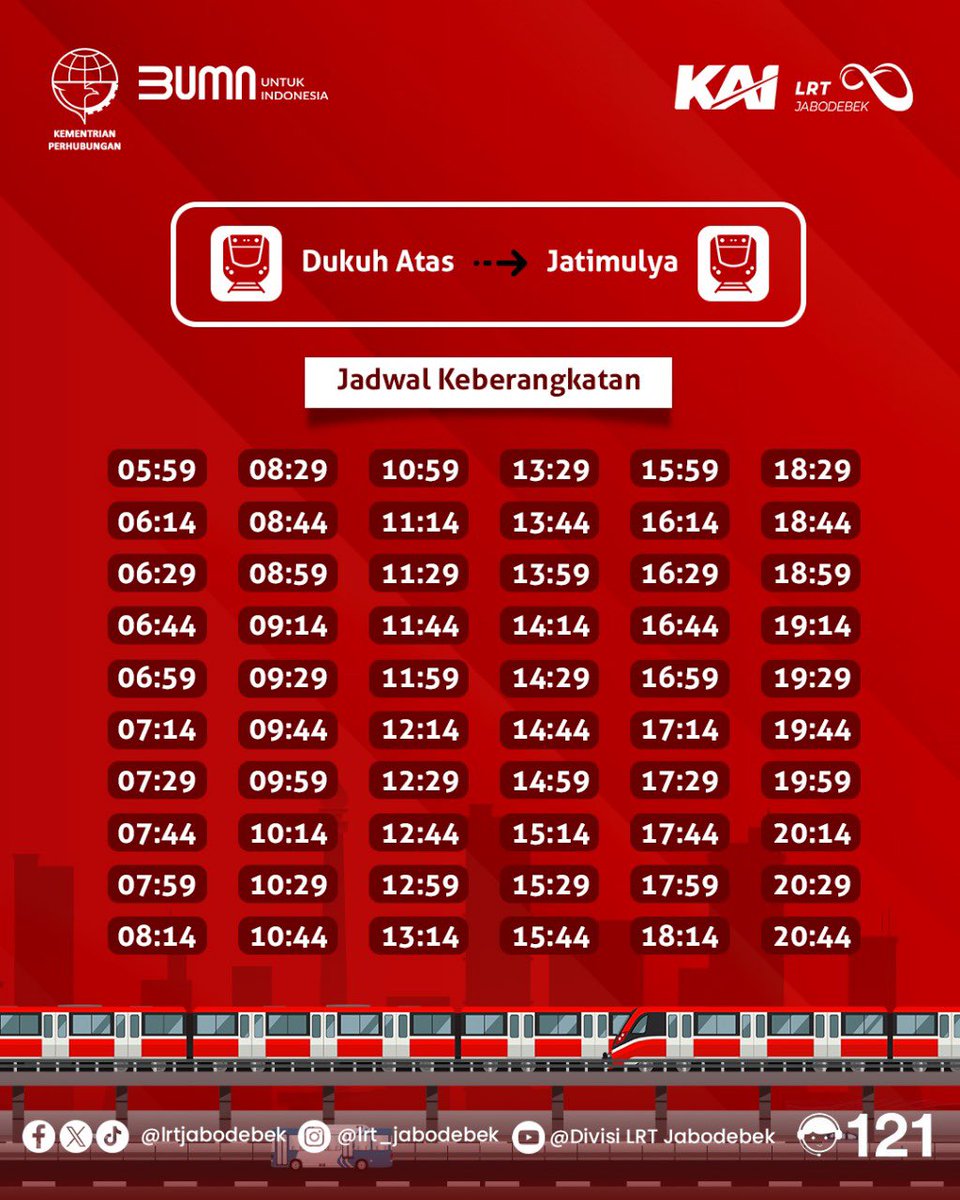 lrtjabodebek's tweet photo. Hai Teman Raina!
Berikut Jadwal Keberangkatan LRT Jabodebek
#lrtjabodebek #smarttravellivebetter https://t.co/StLptzZTzz