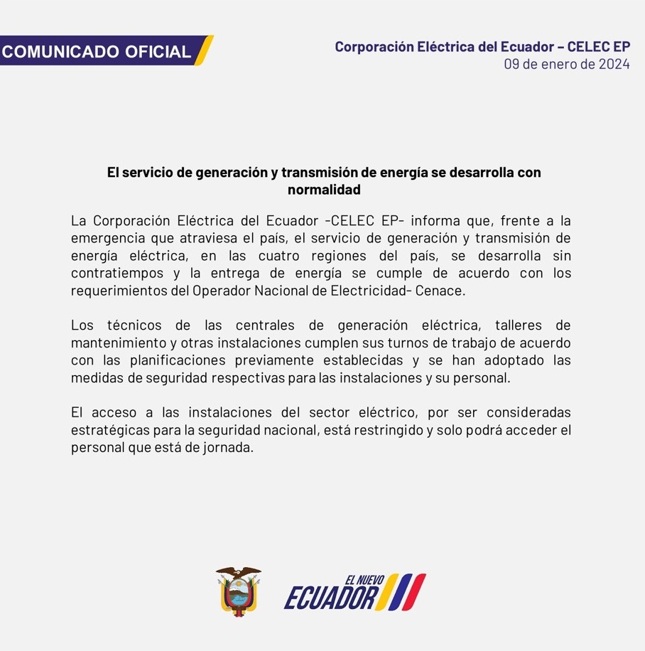 CELECEPOficial's tweet photo. COMUNICADO | CELEC EP informa que el servicio de generación y transmisión de energía se desarrolla con normalidad. Más información aquí:⬇️ https://t.co/7o9Lx8mcWM