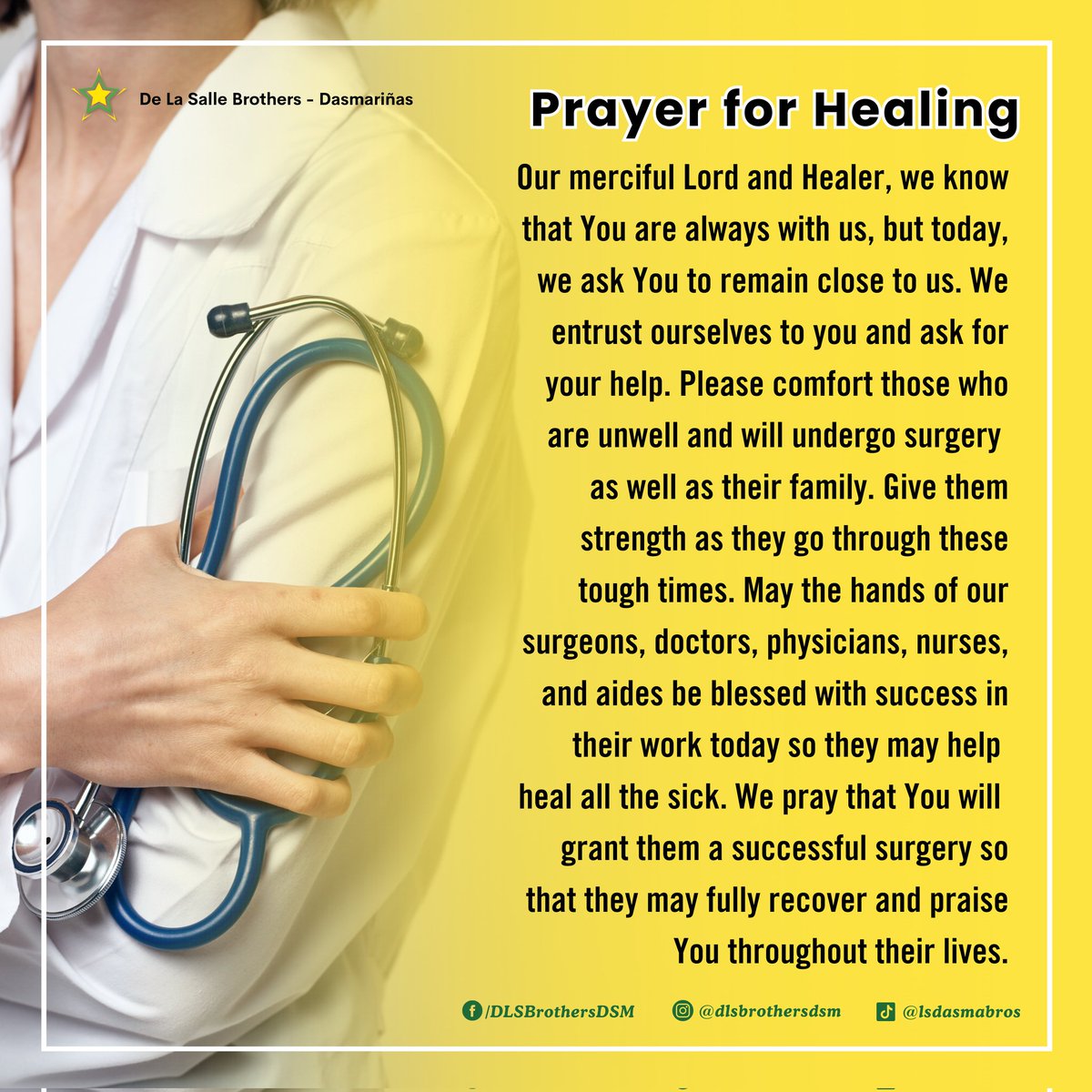 DLSBrothersDSM's tweet photo. PRAYER FOR HEALING 🙏🏻

Join us as we offer a prayer for healing every 10th of the month. This January, we are praying for the members of our Lasallian family who will undergo medical procedures.

#YesBro
#ResidenciaBrothers
#DLSBrothersDasma
#BROadeningConnections https://t.co/Cm3aZcgbMW