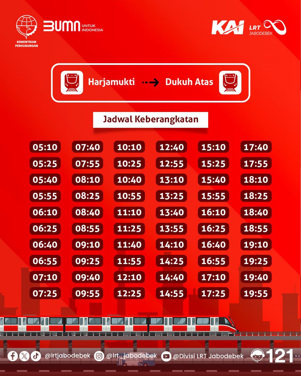 lrtjabodebek's tweet photo. Hai Teman Raina!
Berikut Jadwal LRT Jabodebek
#lrtjabodebek #smarttravellivebetter https://t.co/nNOjTBZHtz