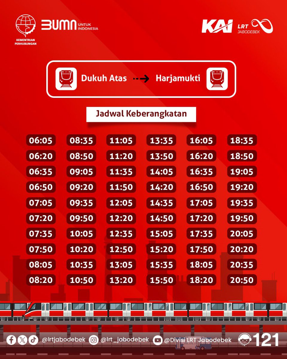 lrtjabodebek's tweet photo. Hai Teman Raina!
Berikut Jadwal LRT Jabodebek
#lrtjabodebek #smarttravellivebetter https://t.co/nNOjTBZHtz