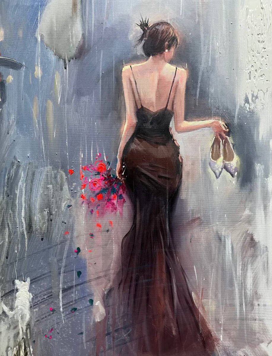IrenaRose's tweet photo. I finally finished my painting, the girl in a black dress in the rain on canvas with a white dog. https://t.co/3cHNFthCY6