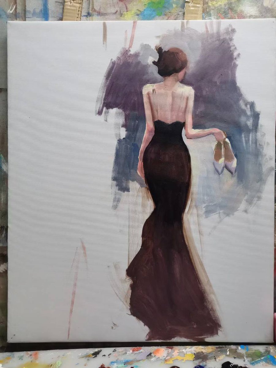 IrenaRose's tweet photo. I finally finished my painting, the girl in a black dress in the rain on canvas with a white dog. https://t.co/3cHNFthCY6