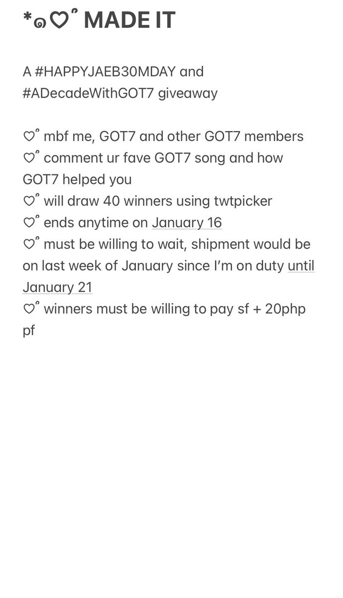 ahgaseGOT74life's tweet photo. *๑♡՞ MADE IT

A #HAPPYJAEB30MDAY and #ADecadeWithGOT7 giveaway

♡՞ mbf me, @GOT7 and other GOT7 members
♡՞ comment ur fave GOT7 song and how GOT7 helped you
♡՞ will draw 40 winners
♡՞ ends anytime on January 16
♡՞ pls read 1st pic

#ahgaseGOT74lifeGIVES #GOT7FOREVER #ahgase https://t.co/P1ZcGvH20E