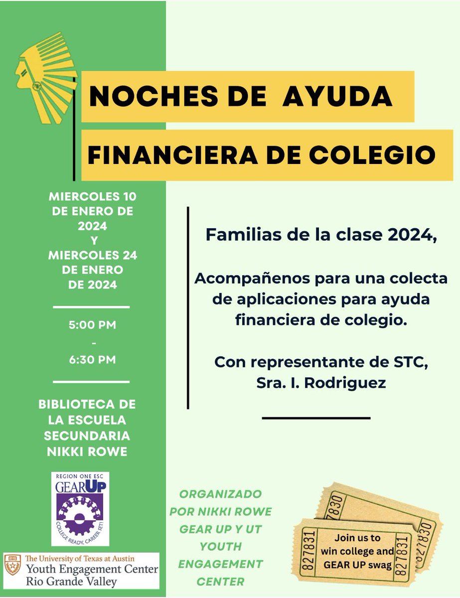 rowe_gocenter's tweet photo. Hey Seniors &amp; Families!! Don’t miss out on these Family Financial Aid Nights!!  Details on flyers. For more information, stop by the GEAR UP Office or the College Center.  @Rowe006  @JudyZuniga6 @CounselorMISD https://t.co/Ij3bPYyxNv