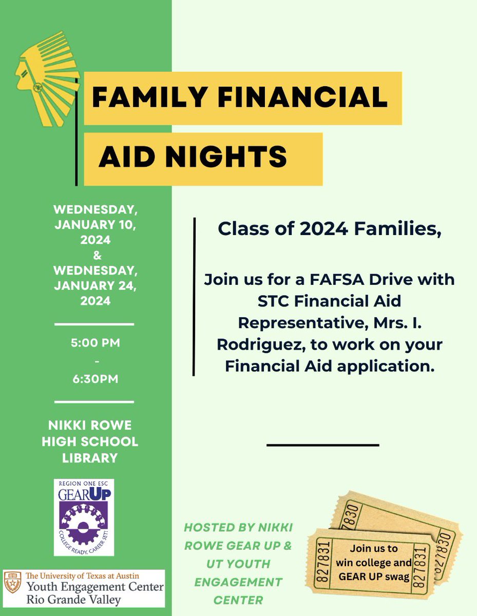 rowe_gocenter's tweet photo. Hey Seniors &amp; Families!! Don’t miss out on these Family Financial Aid Nights!!  Details on flyers. For more information, stop by the GEAR UP Office or the College Center.  @Rowe006  @JudyZuniga6 @CounselorMISD https://t.co/Ij3bPYyxNv